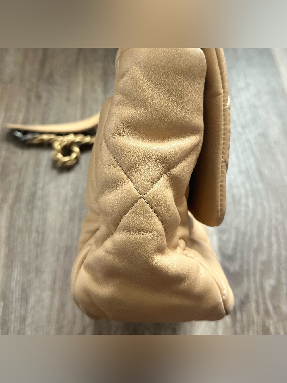 Chanel 19 Flap Bag Large Lambskin Quilted Leather Beige Gold Silver Strap CC - Picture 11 of 11